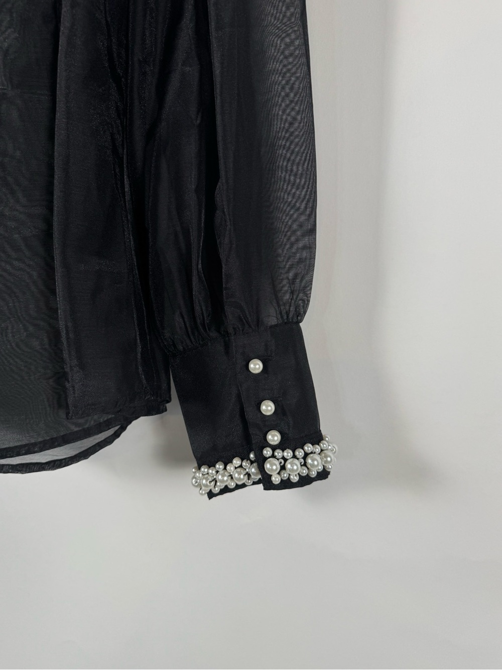 Boston Proper Black Sheer Pearl Embellished Button Down Blouse LG Goth Romantic - Picture 7 of 13